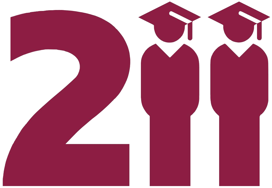 The logo for High School District 211. The numbers 211, composed of the number "2" and two simplified images of graduating students indicating two number ones. All elements are colored burgundy.